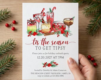 Invito alla festa di Natale "Tis the Season", invito per feste natalizie modificabile su Canva, invito per cena di Natale, download immediato