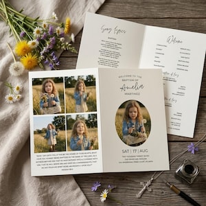 May include: Baptism invitation with a photo of a young girl holding flowers. The invitation is cream-colored with black text, including the name "Amelia Martinez" and the date "Sat 17 Aug". The invitation also includes song lyrics and a list of names.