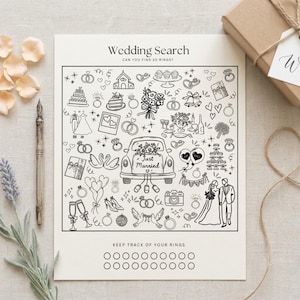 May include: A white paper game sheet titled Wedding Search with the text Can you find 20 rings? featuring black line art illustrations of wedding-themed items like a car, cake, and rings, with twenty empty circles at the bottom for tracking.
