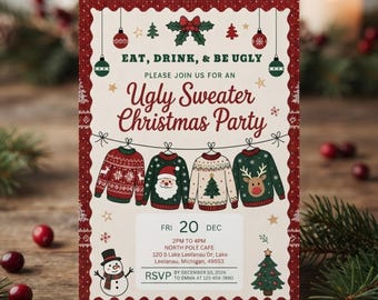 Ugly Christmas Sweater Party Invitation, Editable Canva Holiday Party Invite, Christmas Sweater Invite, Instant Download