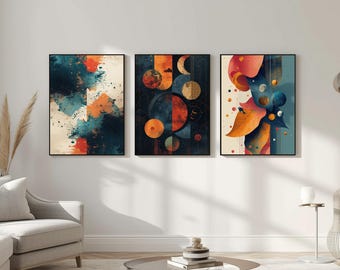 3 abstracte muurkunst: blauwe en oranje vloeibare inkt, kosmische geometrie, surrealistische bloei (digitale download)