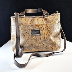 Relic Embossed Paisley Satchel Bag – Vintage Caramel Gold Faux Leather Shoulder Purse | Boho Western Chic Handbag