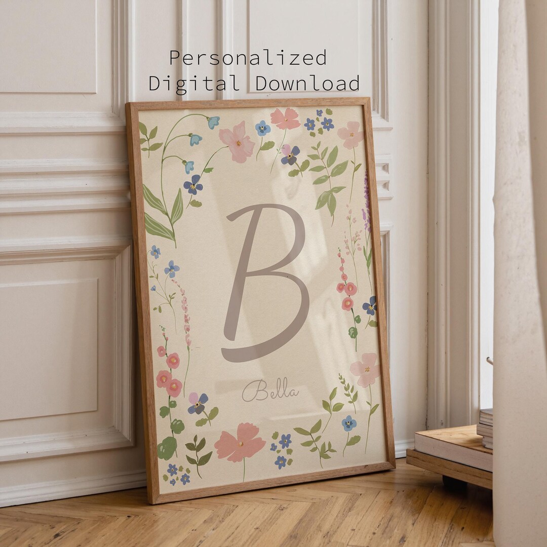 Personalized Floral Name Print, Custom Nursery Decor, Baby Girl Wall ...