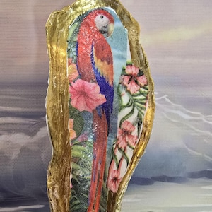 Ring Trinket Dish, Floral Parrot Embellished Oyster Shell