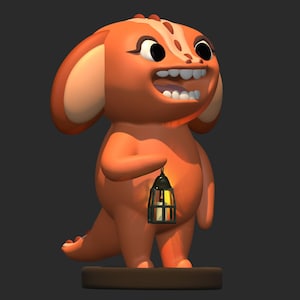 May include: A 3D-rendered orange cartoon creature with large ears, a wide grin, and a small tail. It holds a lantern with a yellow glow. The creature stands on a brown base against a dark grey background.