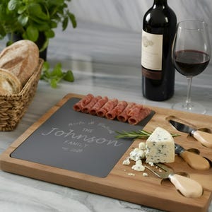 Engraved Slate Charcuterie Board: Acacia Wood Serving Platter, Custom Engraving, Meat And Cheese Board