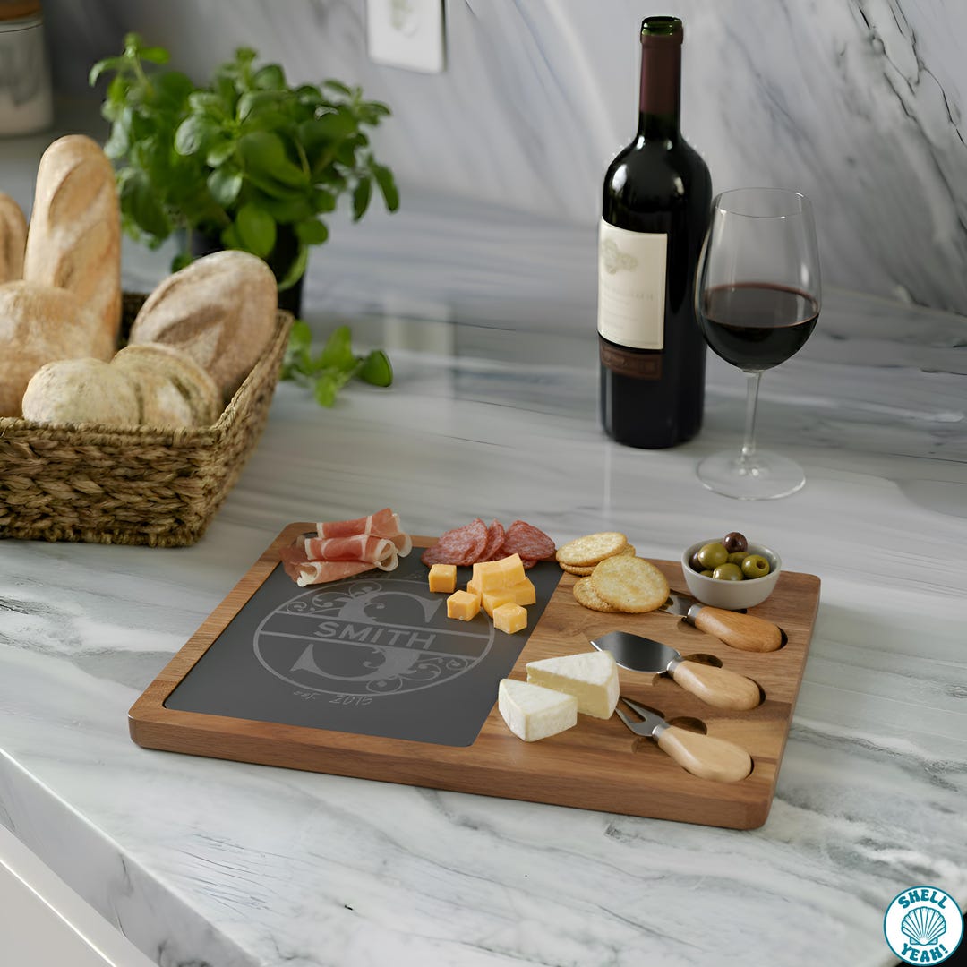 Custom Engraved Charcuterie Board Acacia Wood With Slate Insert Serving ...