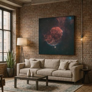 以下が含まれることがあります： 赤、オレンジ、青の色合いの星雲の大きな額入りのプリントが、ベージュのソファの上に飾られています。部屋にはレンガの壁、木製のコーヒーテーブル、フロアランプがあります。大きな窓の近くには鉢植えの植物があります。