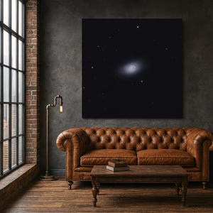 Puede incluir: Un gran lienzo cuadrado de una galaxia contra un cielo nocturno oscuro cuelga sobre un sofá de cuero marrón. La habitación tiene un ambiente rústico con suelo de madera, una gran ventana y una lámpara de pie de estilo vintage.