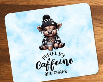 Highland Cow Mouse Mat ~ Cute Fluffy Cow ~ Funny Desk Pad ~ non-slip ~ Caffeine Coffee