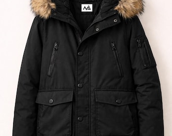 Chaqueta parka negra con capucha de piel sintética marrón para invierno