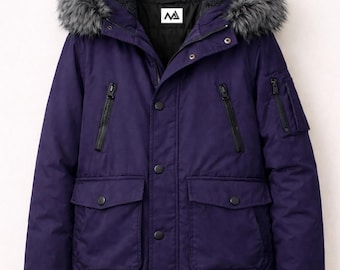 Chaqueta parka morada con capucha de piel gris, abrigo bomber de invierno para hombre