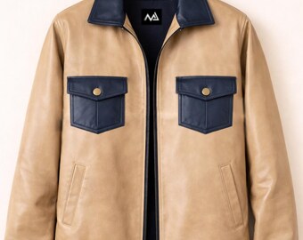 Chaqueta bomber de cuero color canela y azul marino – Abrigo motero minimalista de estilo urbano