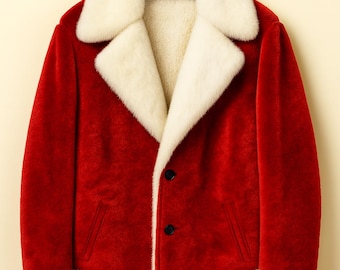 Abrigo navideño vintage de Papá Noel de piel sintética – Chaqueta navideña de felpa roja