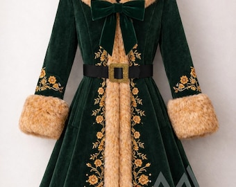Abrigo victoriano de terciopelo verde con piel sintética, vestido de novia gótico vintage bordado en oro para mujer