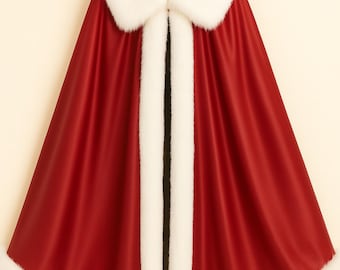 Capa navideña de terciopelo rojo de lujo con ribete de piel sintética blanca