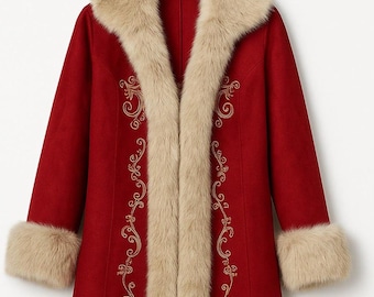 Abrigo rojo de Papá Noel de lujo: bata navideña de lana con ribete de piel sintética y bordado dorado