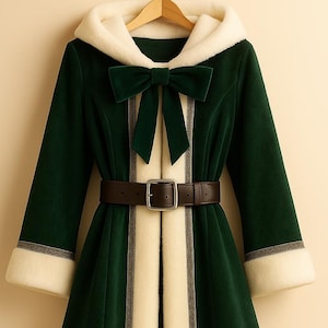 May include: A long, dark green coat with a cream-colored hood and trim. The coat features a matching green bow at the neckline, a brown belt, and decorative trim. The coat is hanging on a wooden hanger.
