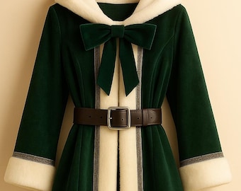 Abrigo con capucha de terciopelo verde, ribete de piel sintética, capa navideña