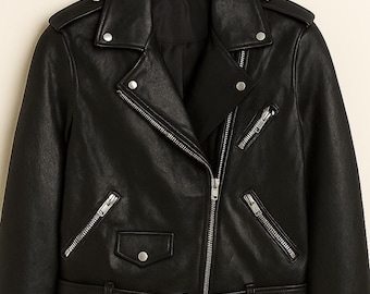 Chaqueta de motociclista vintage de cuero negro: abrigo de motociclista con cinturón