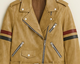 Chaqueta de motociclista de cuero color canela con rayas rojas y azules: estilo retro unisex