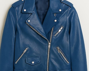 Chaqueta de moto de cuero azul: abrigo de motociclista vintage con cremalleras plateadas
