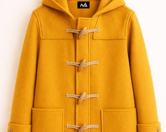 Trenca mostaza con capucha y botones – Chaqueta de lana de invierno amarilla