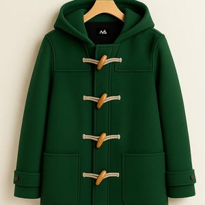 Green Duffle Coat with Hood & Classic Toggles – Christmas Wool Jacket