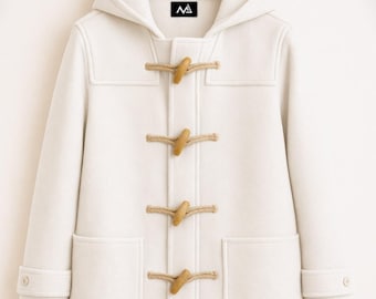 Trenca blanca con capucha y botones de madera – Chaqueta de lana de invierno color crema