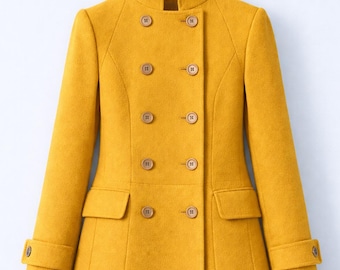 Abrigo de lana amarillo mostaza de doble botonadura para mujer, abrigo de invierno.