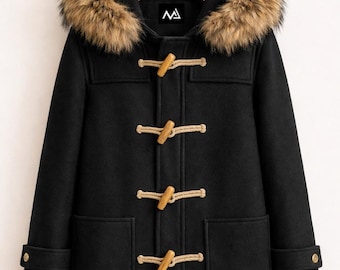 Trenca de lana negra con capucha de piel marrón de Midnight Jacket: un elegante abrigo con botones.