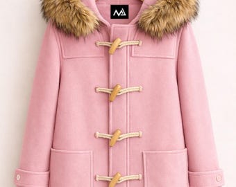 Elegante trenca de lana rosa con capucha de piel marrón: abrigo de invierno de Midnight Jacket