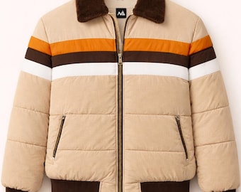 Chaqueta acolchada beige estilo vintage para hombre, abrigo de invierno con rayas retro