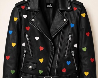 Chaqueta de cuero negra estilo motero con corazones coloridos, abrigo punk para mujer.