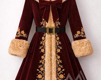 Abrigo victoriano de terciopelo granate, bordado floral dorado, piel sintética marrón, chaqueta de vacaciones