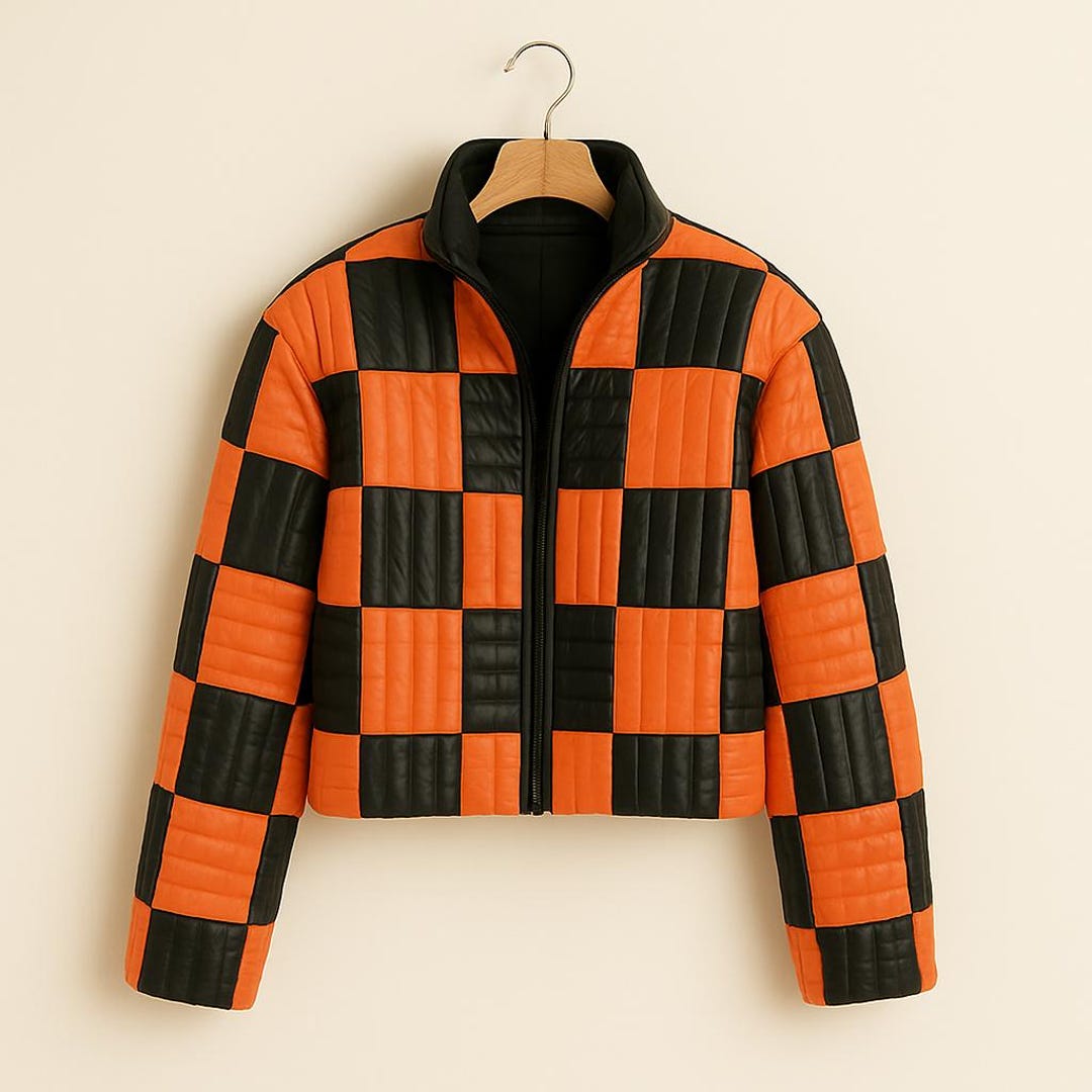 Checkerboard Puffer Jacket: Orange and Black Cropped Checkered Coat - Etsy