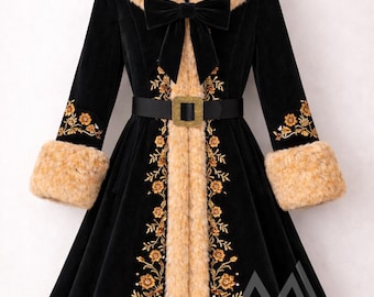 Abrigo victoriano de terciopelo negro, bordado dorado, ribete de piel sintética, chaqueta de novia de diseñador.