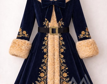 Lujoso abrigo victoriano azul marino, chaqueta de terciopelo con piel sintética bordada en oro, estilo gótico.