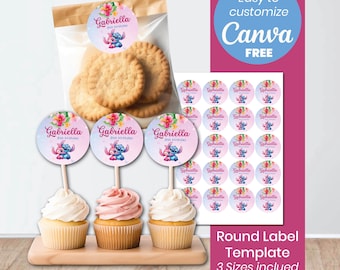 Stitch Angel Round Sticker Template | Editable Canva Labels | Lilo Stitch Party Favor Tags | Printable Circle Stickers | Instant Download
