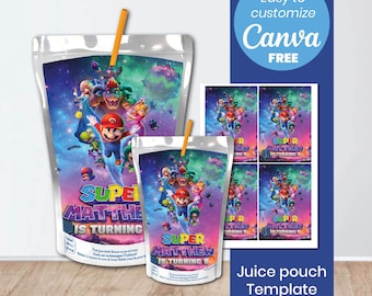 Super Mario Galaxy Juice Pouch Label | Canva Editable Template | Space Party Decor | Birthday Party Favors for Kids | Instant Download | 4x6