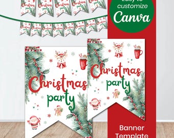 Modelo de banner para festa de Natal | Guirlanda editável do Canva | Decoração de Natal para impressão | Flâmula com tema de Papai Noel