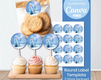 Frozen Round Labels | Editable Canva Free | Cupcake Toppers | Stickers | Ice Princess Birthday Printable