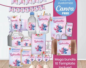 Stitch and Angel Party Bundle | Editable Canva Templates | Lilo Stitch Birthday Decorations | Invitation Banner Labels | Instant Download