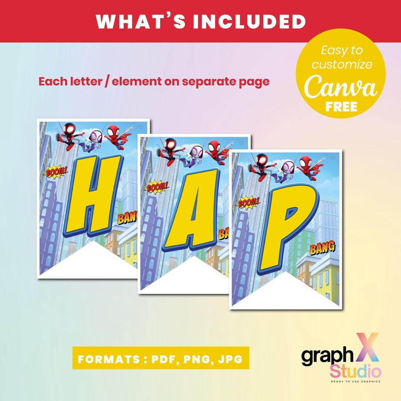 May include: A banner set spelling "HAP" in yellow, with a cityscape background and superhero figures. The banner includes the text "BOOM!" and "BANG!" and is available in PDF, PNG, and JPG formats. The words "WHAT'S INCLUDED" and "Easy to customize Canva FREE" are also visible.