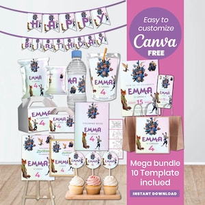Puede incluir: Un paquete de suministros para fiestas con el tema "Zootopia", que incluye pancartas, bolsas de golosinas, botellas de agua e invitaciones. El diseño incorpora personajes de dibujos animados y el nombre "Emma" con el número "4".