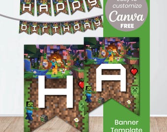 Minecraft Birthday Banner Template | Editable Canva Free Bunting | Party Decoration | Instant Download