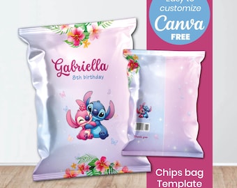 Stitch Chips Bag Template Canva | Stitch Angel Party Favor | Editable Snack Bag Wrapper | Kids Birthday Printable | Instant Download