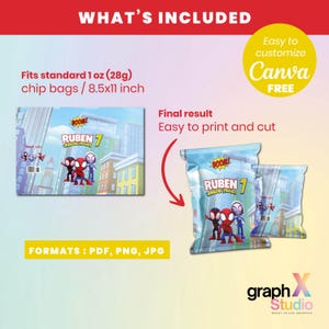 May include: A design for chip bags featuring cartoon superheroes. The design includes the text "RUBEN 7 AMAZING FRIENDS" and "Thank you". The image also shows the bag dimensions: 8.5x11 inch and fits 1 oz (28g) chip bags. The design is available in PDF, PNG, and JPG formats.