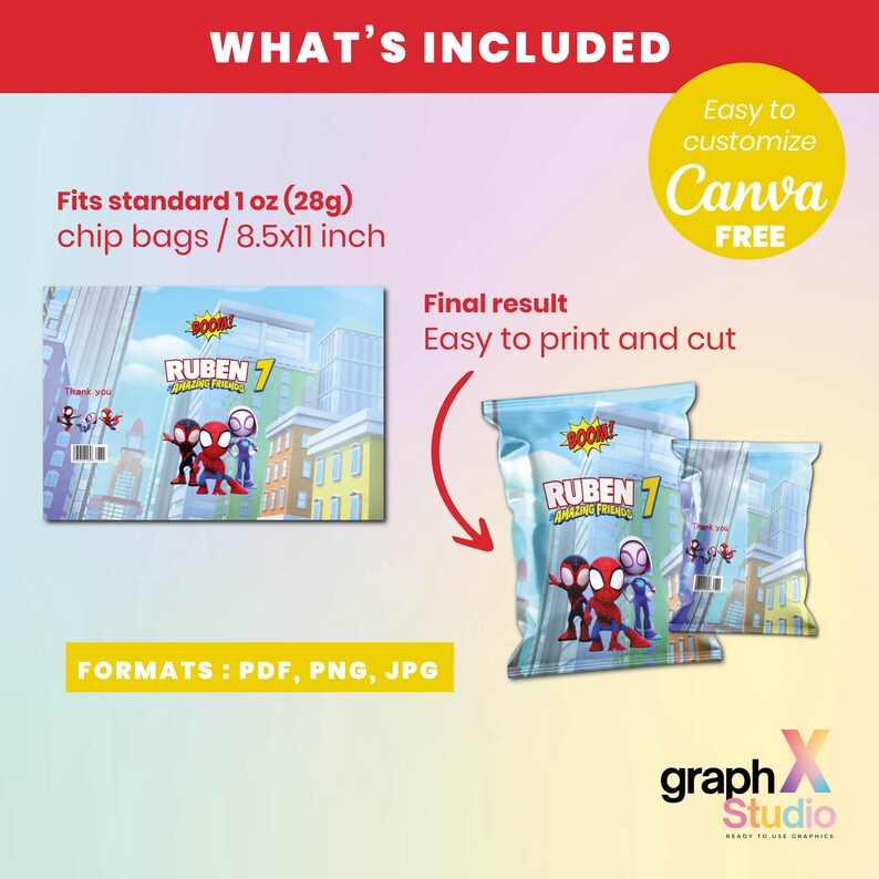May include: A design for chip bags featuring cartoon superheroes. The design includes the text "RUBEN 7 AMAZING FRIENDS" and "Thank you". The image also shows the bag dimensions: 8.5x11 inch and fits 1 oz (28g) chip bags. The design is available in PDF, PNG, and JPG formats.