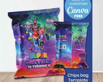 Super Mario Galaxy Chip Bag Template | Space Birthday Party Favor (Editable Canva Download)